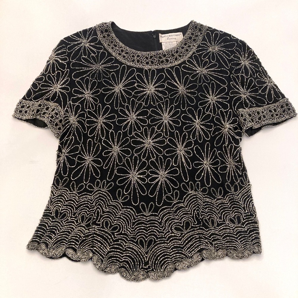Papell Boutique Evening Vintage Black 100% Silk Silver Beaded Floral Top Size XL
